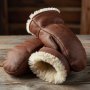Windproof leather mittens lined with natural sheep shearling