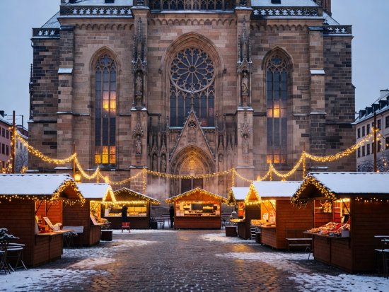Historic Frauenkirche facade in Nuremberg overlooking glowing winter stalls