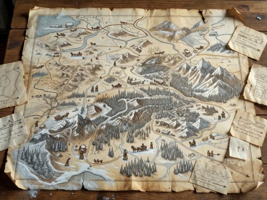Historical map and field notes of Central European winter trade routes