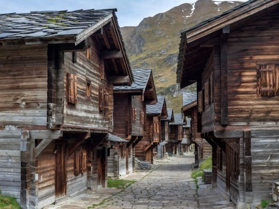 Weathered 17th-century larch wood grain storehouses in Zermatt Hinterdorf